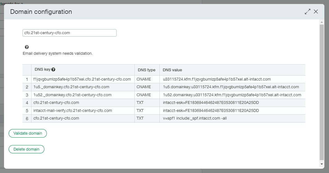 A table that shows examples of the 6 DNS keys needed to configure DKIM.