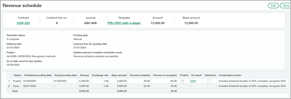 Project Observed percent complete revenue schedule. One row is posted.