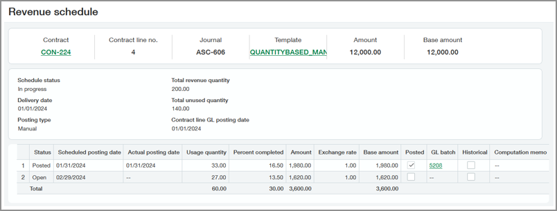 Quantity-based revenue schedule. One row is posted. One row is open.