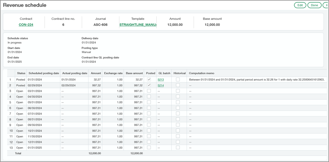 Straightline revenue schedule that starts on the last day of the month and ends on the last day of the month.