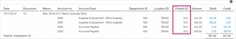 An entry showing the departments, locations, and projects that were specified.