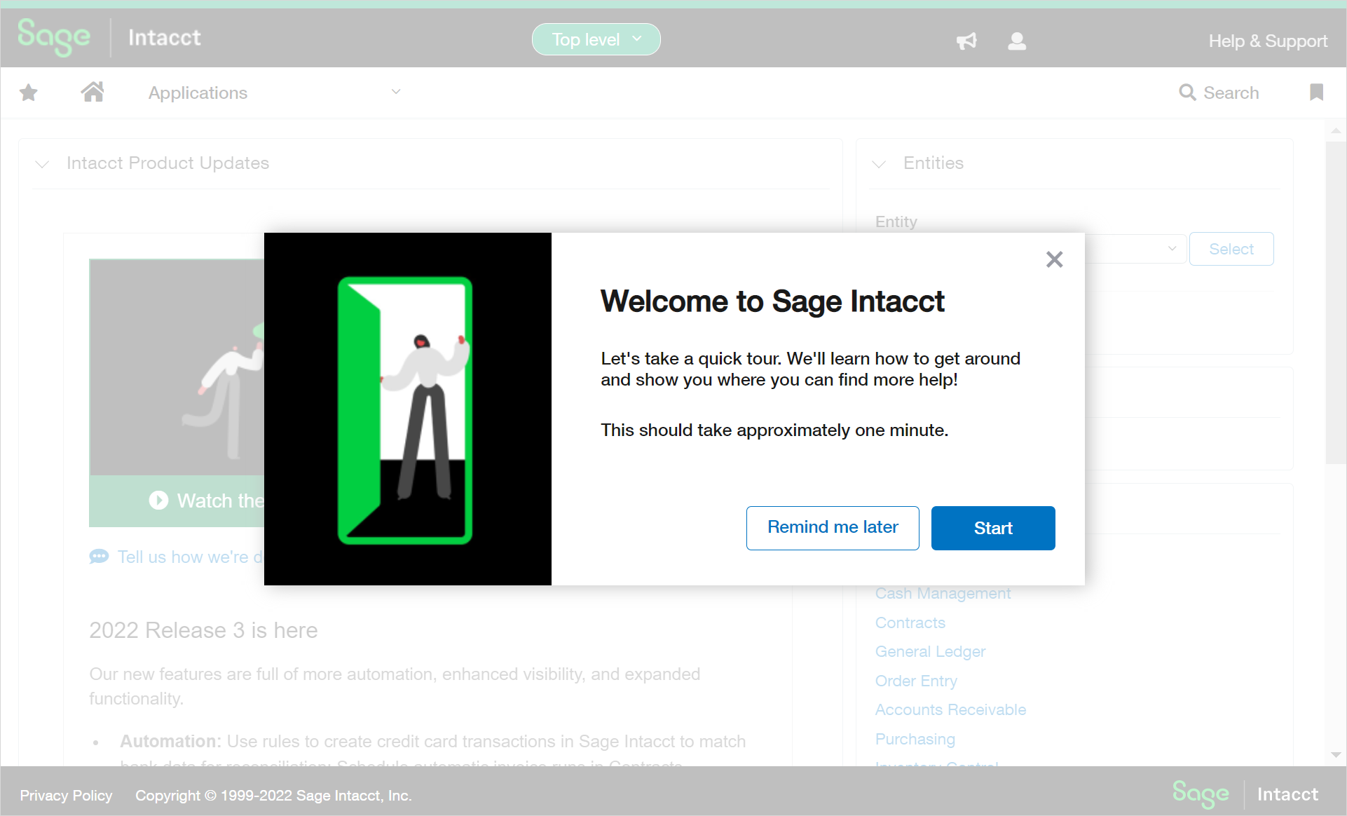 Welcome to Sage Intacct popup window.