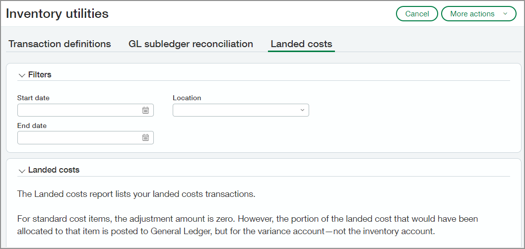 The Inventory utilities page with the Landed costs tab selected.