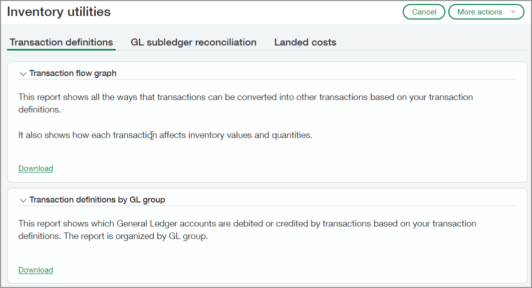The Inventory Utilities page with the Transactions definitions tab selected. 
