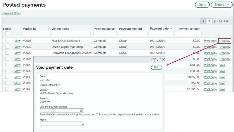An Unapply link appears next to credit entries, and selecting Unapply opens the Void payment pop-up.