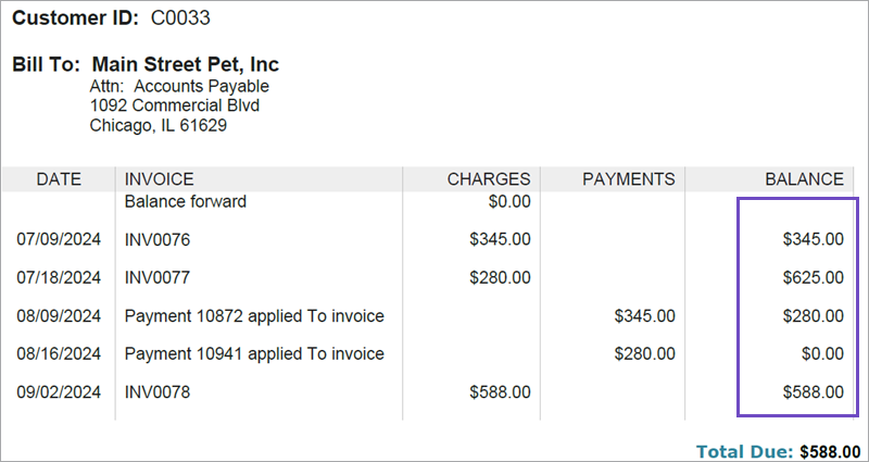 A custom statement shows a balance column following the debit and credit columns.