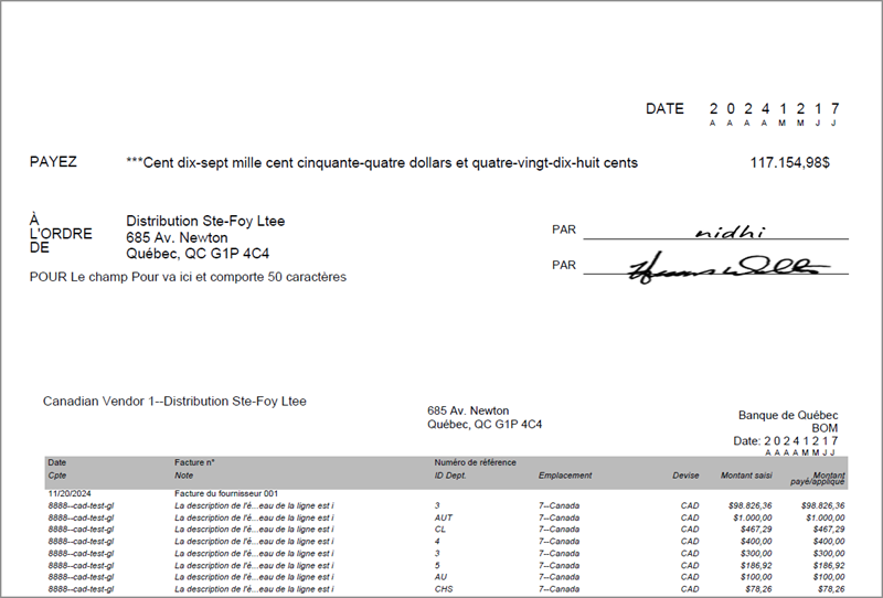 Screenshot of a preprinted Canadian check in French language.