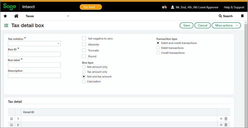 Screenshot of Tax detail box definition page