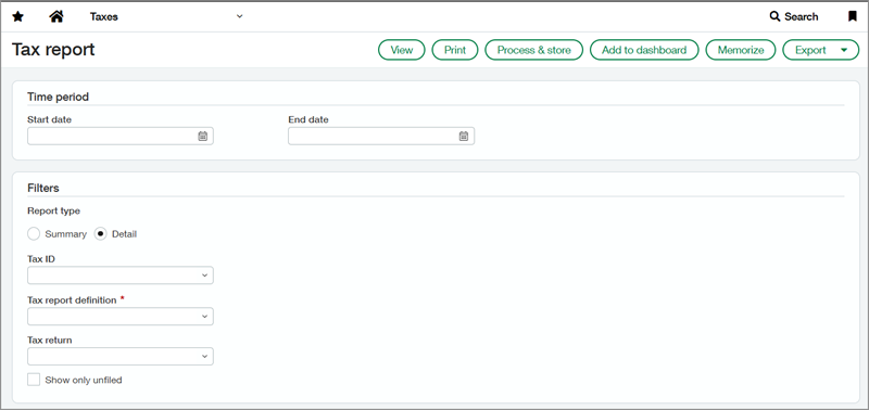 Screenshot of the tax report run page.