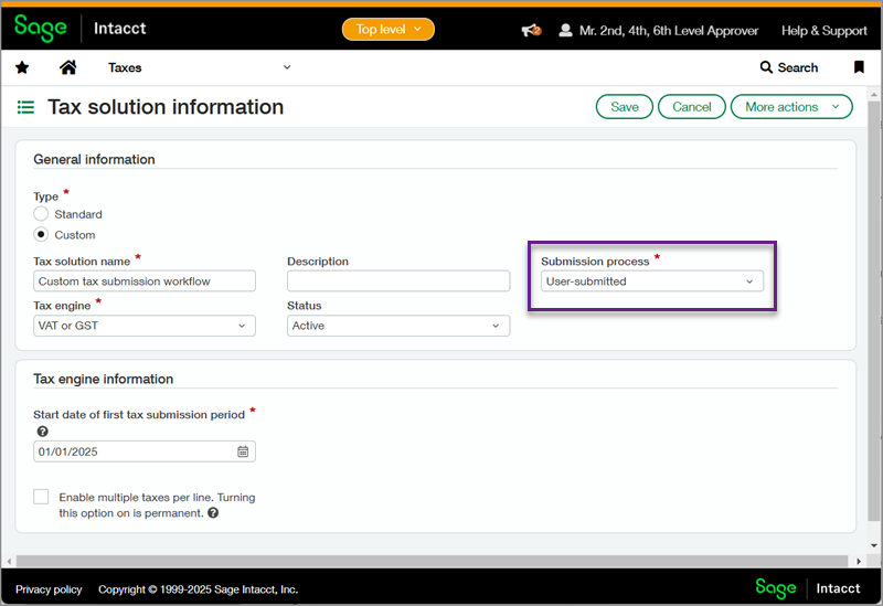Screenshot of the tax solution information page for a custom tax solution with a callout box around the Submission process field.