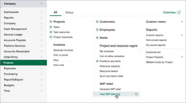 Projects menu showing new WIP relief selections, Generate WIP relief and View WIP relief log