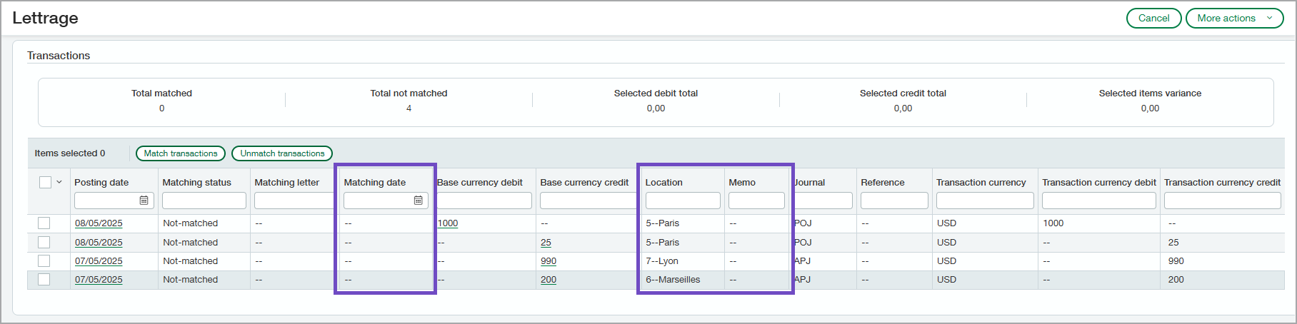 Transactions section of Lettrage page. The new columns are highlighed: Matching date, Location, and Memo.