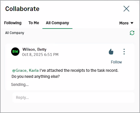 Partial view of the Sage Collaborate panel showing a message sent by a user. 