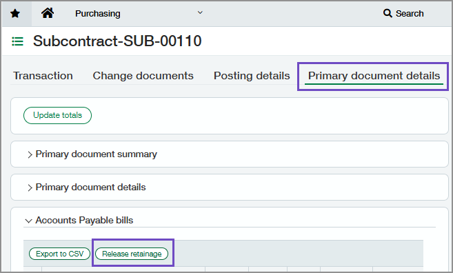 Primary document details tab showing Release retainage button