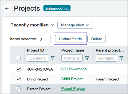 The Update fields option appears above the list of projects when you select the projects in the list that you want to update.